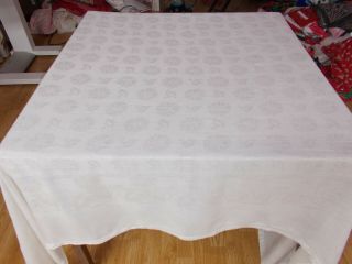 54x75 Vtg Antique White IRISH LINEN DAMASK Hemstitched Tablecloth 2