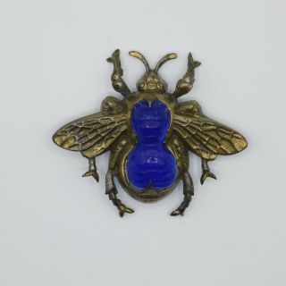 Vintage Antique C 1930s Blue Glass And Gilt Metal Bee Brooch Novelty Czech (?)