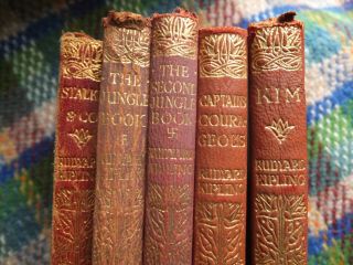 set of 5 Rudyard Kipling antique books The Jungle Book & Second Kim Stalky gold 2