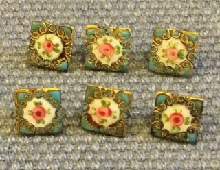 Set Of 6 Tiny Antique Hand - Painted Enamel Baby Buttons Pink Roses 7mm