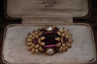 Vintage Jewellery Amethyst Crystal Brooch With Gold Flowers.  Haskell Style