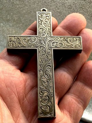 ANTIQUE VICTORIAN HAND ENGRAVED VERY LARGE STERLING SILVER CROSS PENDANT 3