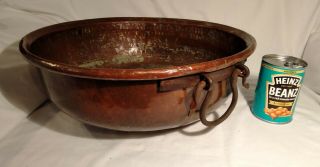Large 16 " Antique Georgian Copper Jam Preserve Pan With Wrought Iron Handles