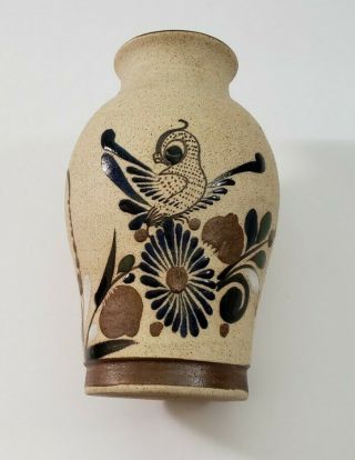 Vintage Mexican Tonala Folk Art Pottery Vase Bird Floral 8” Tall Hand Painted