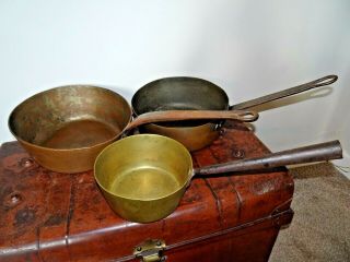 Antique Set Of 3 Brass & Copper Saucepans With Cast Iron Handles Cooking Kitchen