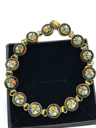 Antique Art Deco 1920’s Italian Micromosaic 14 Panel Round Floral Bracelet 7”