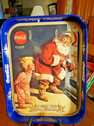 Blue Vintage Coca Cola Santa Claus Metal Serving Tray 8 " X 10 1/2 " Italy