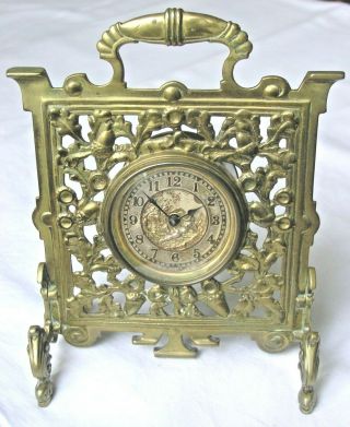 Antique British United Clock Co Art Nouveau Cherub Brass 8 Day Desk Mantel Clock