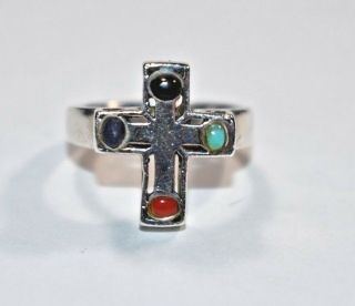 Vtg Sterling Silver 925 Turquoise Coral Lapis Onyx Gemstone Cross Ring Sz - 6.  75