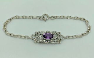 Gorgeous Antique Arts & Crafts Sterling Silver Amethyst Foliage Bracelet 7.  75 "