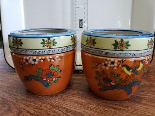 Vintage Set Of 2 Orange Luster Ware Vases Orange With Birds And Flowers.