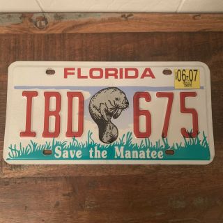 06 - 07 “save The Manatee” Real Auto Car Truck License Plate " Idb 675 "