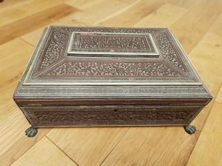 Antique Anglo Indian Carved Sandalwood Sewing Box For Restoration