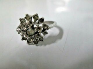 Vintage Cocktail Ring,  Sterling Silver And Rhinestone Chips.  Size 8