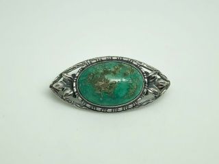 Gorgeous Antique Arts & Crafts Sterling Silver Turquoise Ornate Leaf Brooch