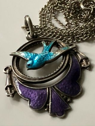 Antique Victorian Sterling Silver & Enamel Swallow Pendant & 925 Chain Necklace