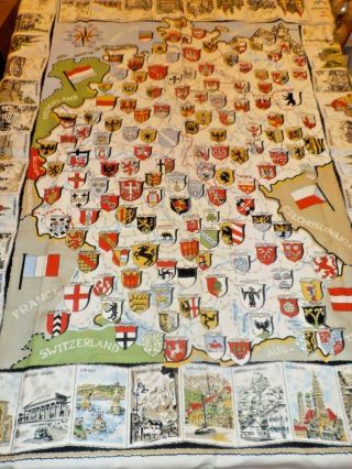 Vintage Germany Souvenir Tablecloth Rayon Blend German Map Family Crests 62 X 49