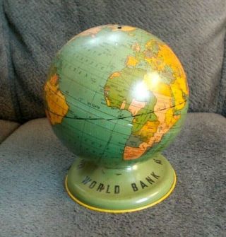 Vintage World Bank Globe Coin Piggy Bank Ohio Art Co.  Usa Tin Litho Vg