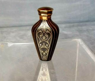 19th Century Antique Perfume Bottle; Black/gold Design; Hinged Lid/original Plug