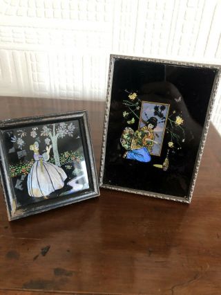 Two Art Deco Butterfly Wing Pictures - Crinoline Lady & Japanese