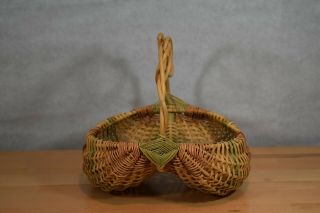 Vintage Multi Color Buttock Woven Basket Twisted Loop Vine Handle Egg Gathering