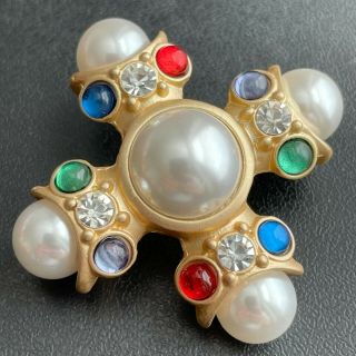 Vintage Style Cross Pearl Ruby Emerald Sapphire Acrylic Cabochon Brooch Pin 262