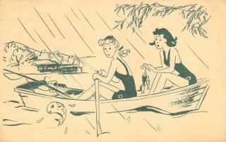 Fishing Boat Girl Scout Camp Comic Rowboat Joplin,  Mo 1940 Vintage Postcard