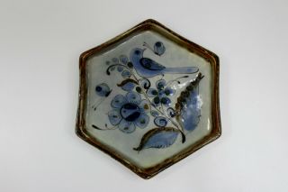 Vintage Ken Edwards Mexican Pottery Hexagon Shape Blue Bird Plate 7 1/2 " Rare