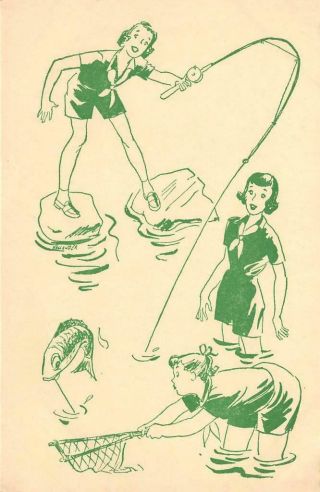 Fishing Scene Girl Scouts Camp Comic C1940s Vintage Postcard