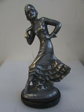 Antique Pewter Spelter Art Deco Decorative Dancing Lady Statue Diana Wooden Base