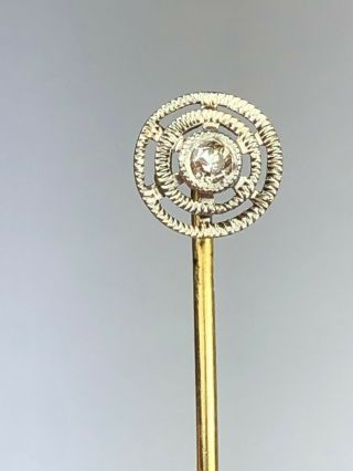 14k Gold And Diamond Stick Pin Circle Top Antique Vintage Yellow And White 14kt
