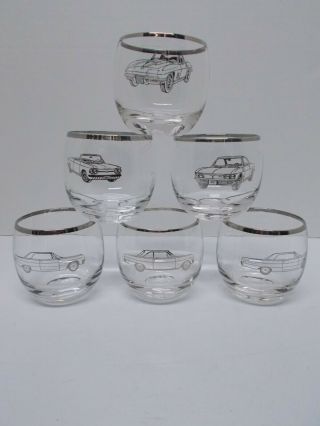 Set Of 6 Vtg Sixties Chevrolet Dealer Promotional Silver Rim 8oz Glasses W/box