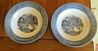 2 Vintage Currier And Ives Royal Blue “early Winter” 8 1/2 " Flat Soup Bowls