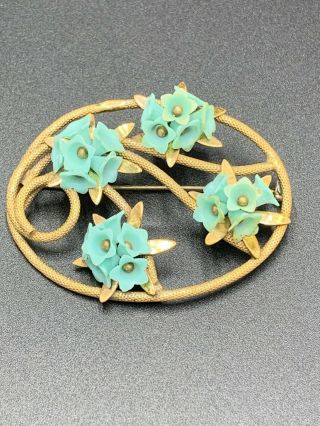 Vintage Antique 40’s Gold Tone/ Brass Blue Flowers Pin Brooch