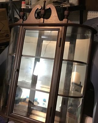 Antique Vintage Butler Curved Glass Curio Display Case Mirror Wall Hang Cabinet