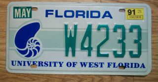 Single Florida License Plate - 1991 - W4233 - University Of West Florida