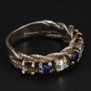Vtg Sterling Silver - Sapphire & Cubic Zirconia Twisted Ring Size 7 - 3g