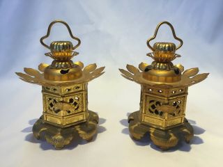 Japanese Antique Candle Holder Lantern Lamp Toro Buddhist Art Gold 2 Set Kr