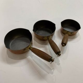 Antique Copper/cast Iron Small Wood Handled Pots - England - Set 3 Graduated Sizes
