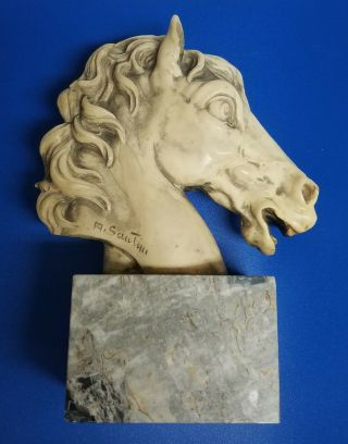 Vintage 9 " Signed A.  Santini Horse Head On Marble Base.  Italy