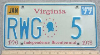 1977 Va Virginia Passenger License Plate Rwg 5 - 1776 Bicentennial 1976