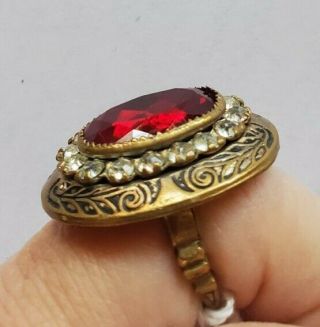Vintage Ruby Red Stone Brass Ring - Antique 1930s Deco Large Cocktail Size 6