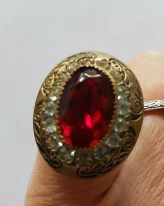 Vintage Ruby Red Stone Brass Ring - Antique 1930s Deco Large Cocktail Size 6 3
