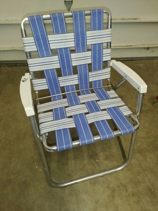 Vintage Mid Century Aluminum Webbed Folding Beach Lawn Chair Blue