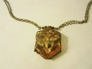 Antique Art Deco Brass Filigree Dove Czech Necklace
