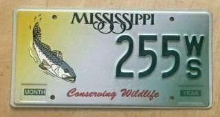 Mississippi Conserving Wildlife Auto License Plate " 255 Ws " Ms Fish Fishing