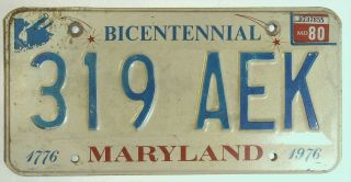 Maryland Md Vintage License Plate Tag 1976 Bicentennial 319 Aek 1776 T