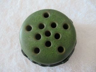 Vintage Pottery Flower Frog With 11 Holes - Rare Green Colors Sits In Avon Holder