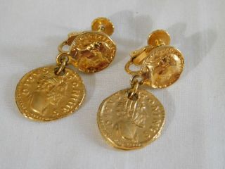 Vintage Accessocraft Nyc Gold Greek Coin Dangling Clip On Earrings,  Signed