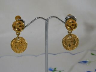 Vintage Accessocraft NYC Gold Greek Coin Dangling Clip On Earrings,  Signed 2